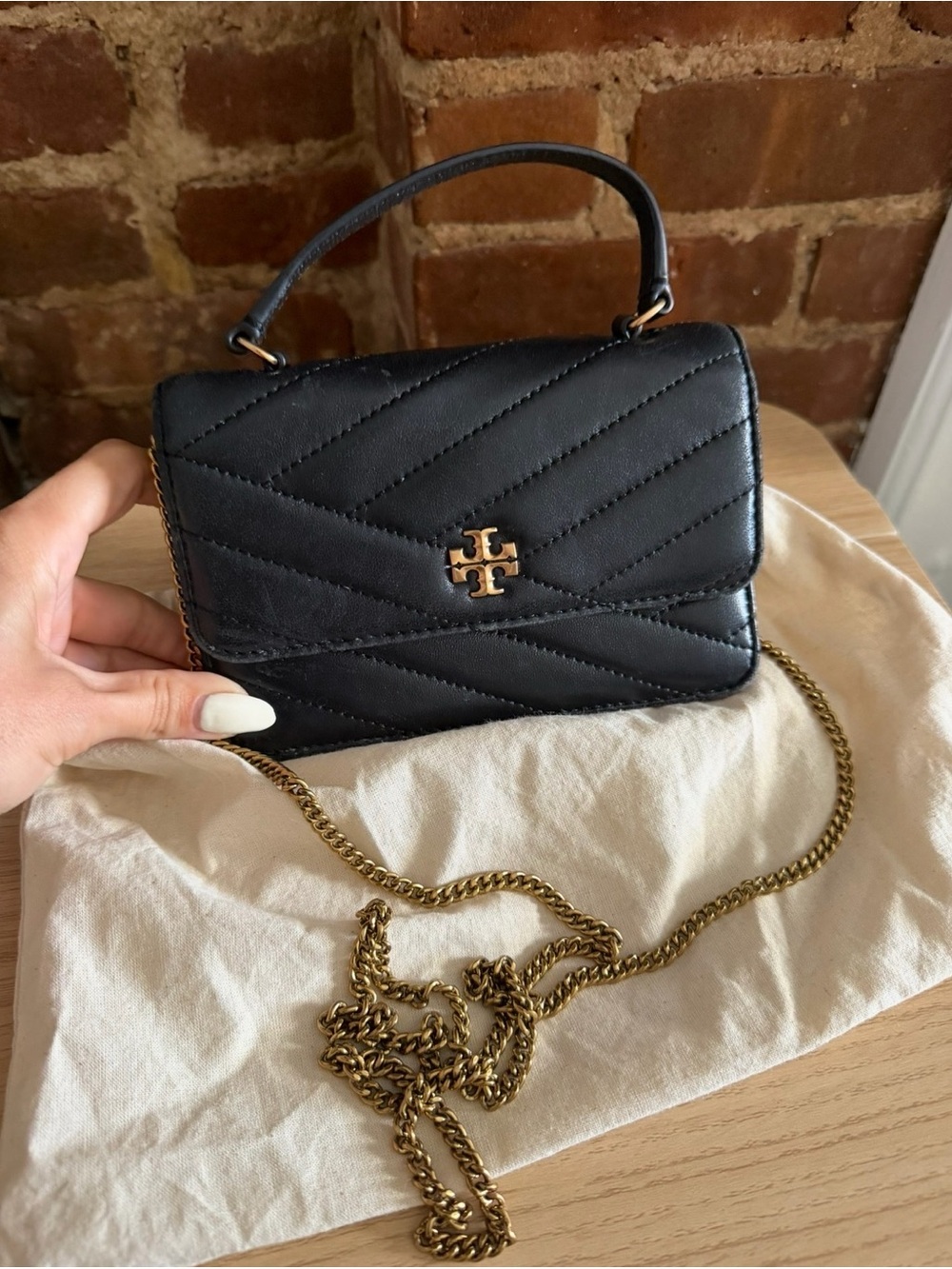 Tory Burch Black Quilted Leather Mini Top-Handle Crossbody with Gold Chain
